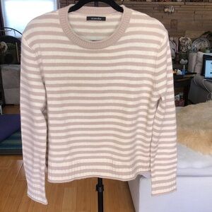 Elyse Walker Taupe and Cream Striped Crewneck Cashmere Sweater